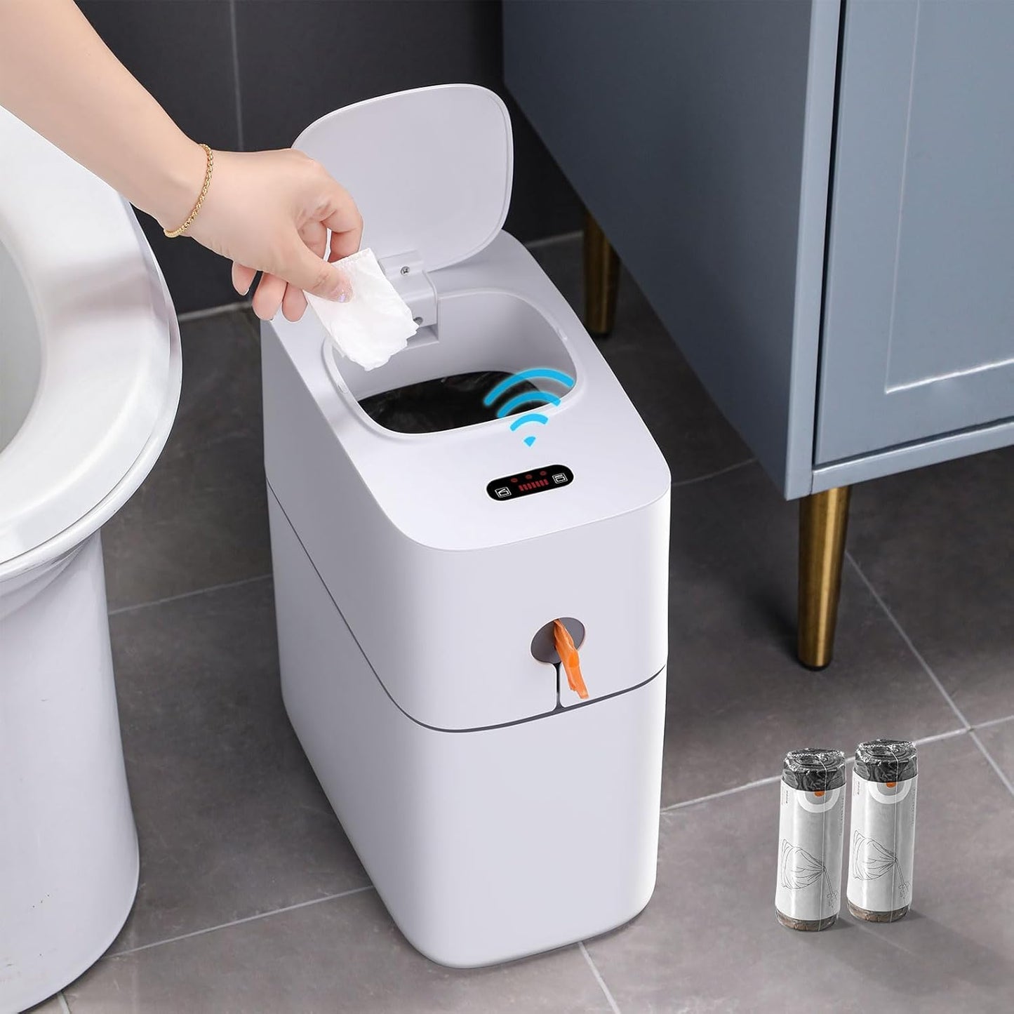NommL™ Bathroom Garbage – Hands-Free Trash Solution